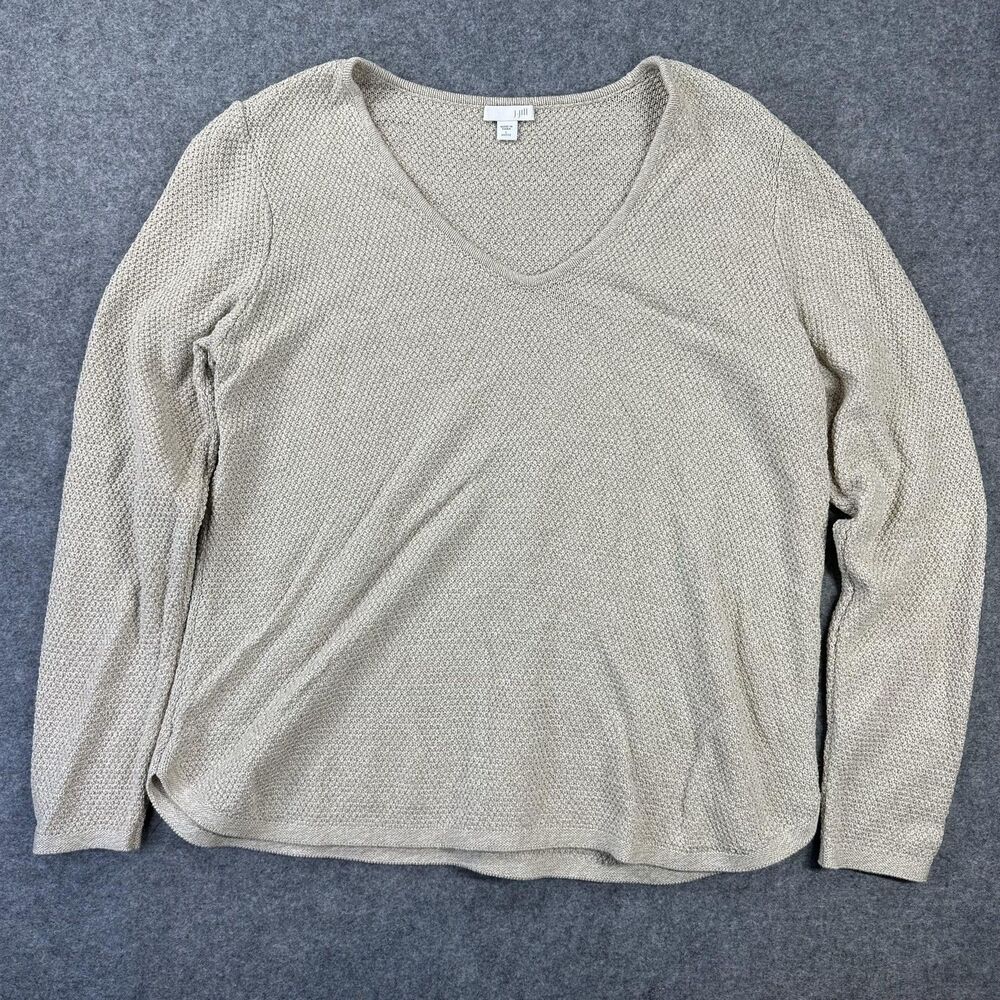 J Jill Sweater Womens L Petite Beige V Neck Waffle Knit Long Sleeve Pullover